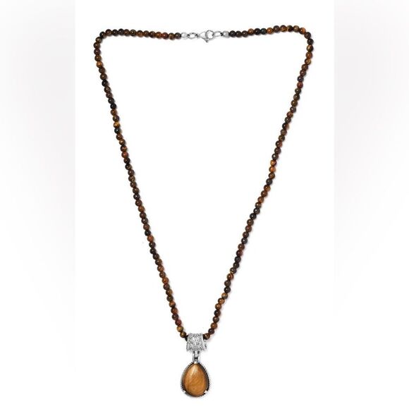 Tiger's Eye Solitaire Pendant with Beaded Necklace 20 Inches in Stainless Steel - Picture 8 of 8